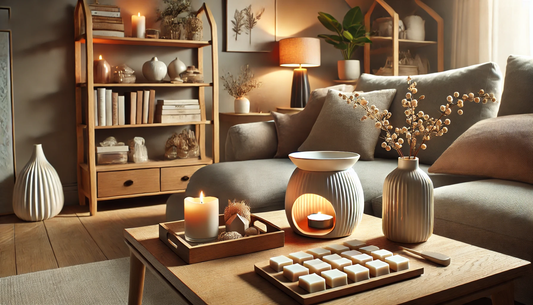 A cozy living room showcasing a ceramic wax warmer on a wooden coffee table, surrounded by decorative elements like books, a flower vase, and wax melts in neutral tones. Warm lighting enhances the room's plush furniture and minimalist decor.